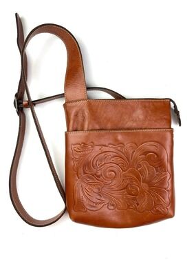 Patricia Nash Florence Tooled Brown Leather Crossbody Bag
